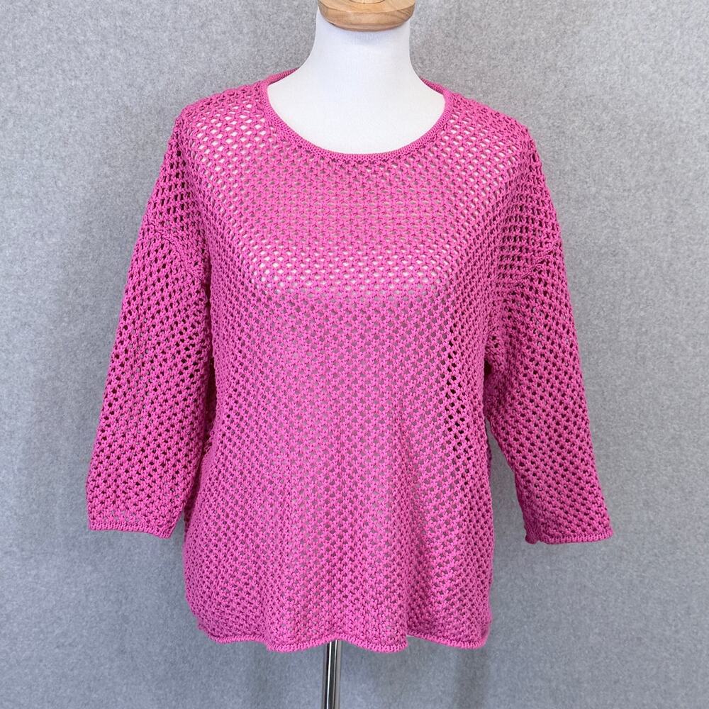 Jones New York Sport Women Large Pink Crochet Open Knit Sweater 100% Cotton